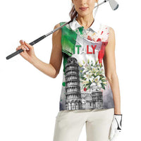 Italy Pisa Tower Women Sleeveless Polo Shirt White Lily With Flag Style - Wonder Print Shop