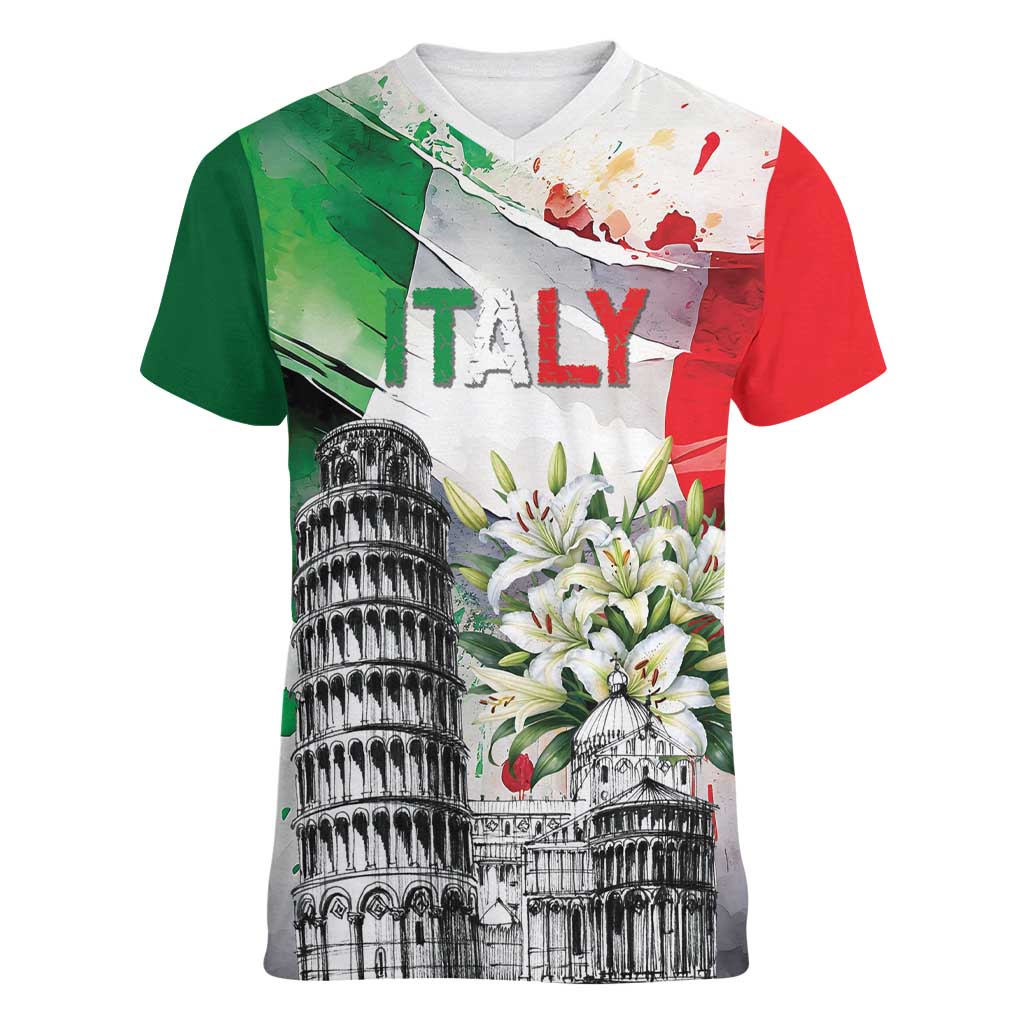 Italy Pisa Tower Women V-Neck T-Shirt White Lily With Flag Style - Wonder Print Shop