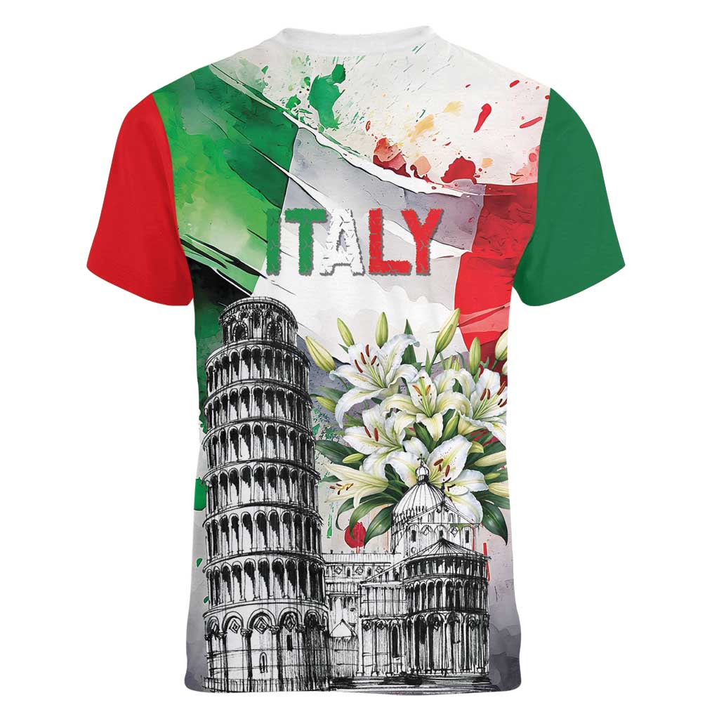 Italy Pisa Tower Women V-Neck T-Shirt White Lily With Flag Style - Wonder Print Shop