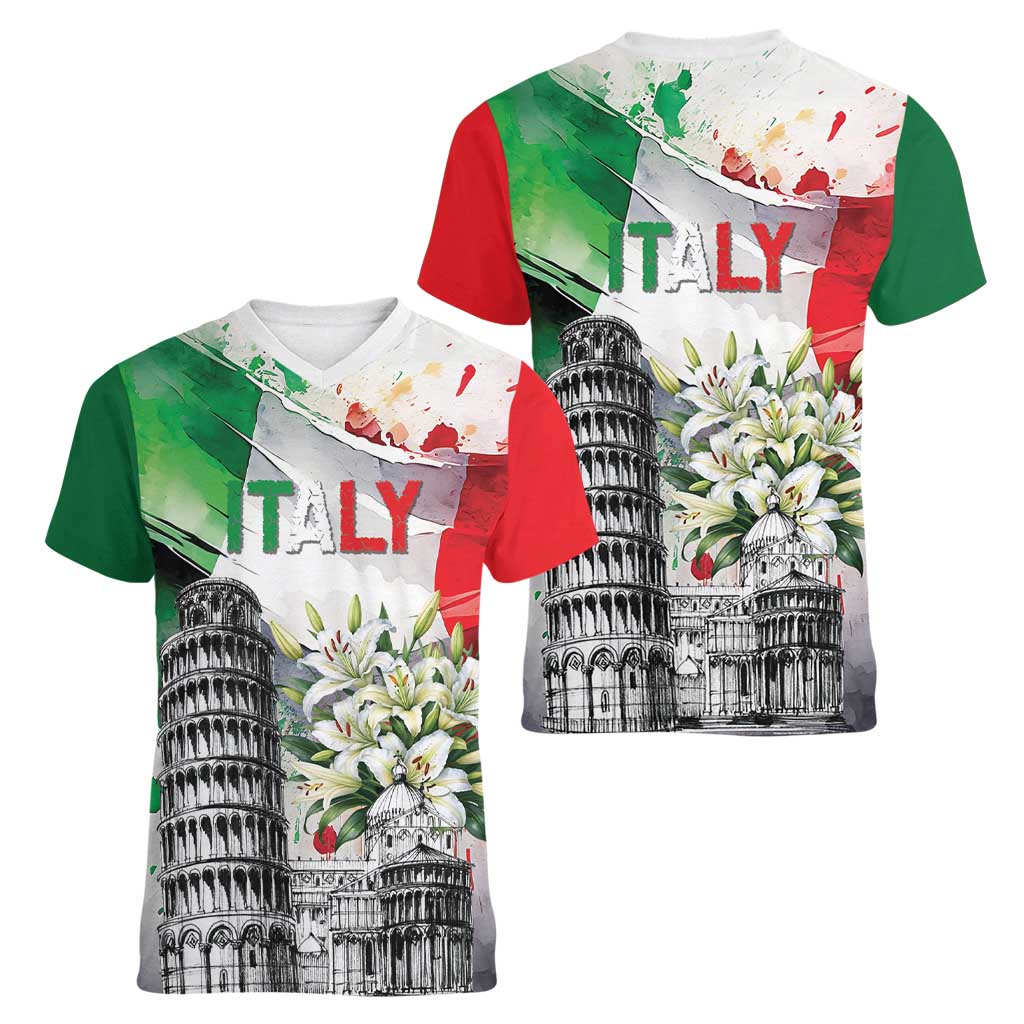 Italy Pisa Tower Women V-Neck T-Shirt White Lily With Flag Style - Wonder Print Shop