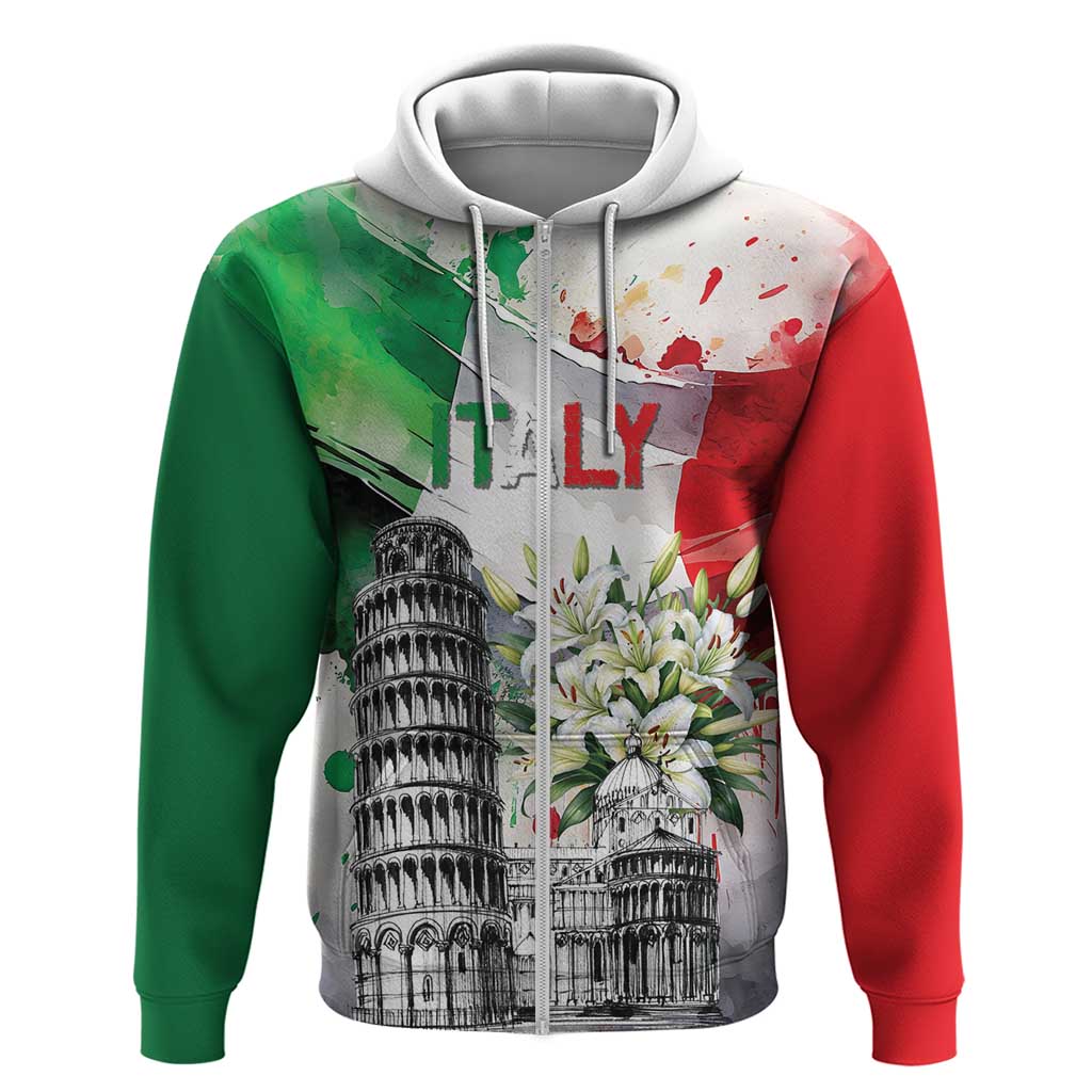 Italy Pisa Tower Zip Hoodie White Lily With Flag Style - Wonder Print Shop