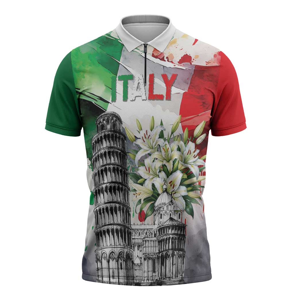 Italy Pisa Tower Zipper Polo Shirt White Lily With Flag Style - Wonder Print Shop