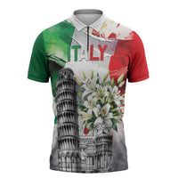 Italy Pisa Tower Zipper Polo Shirt White Lily With Flag Style - Wonder Print Shop
