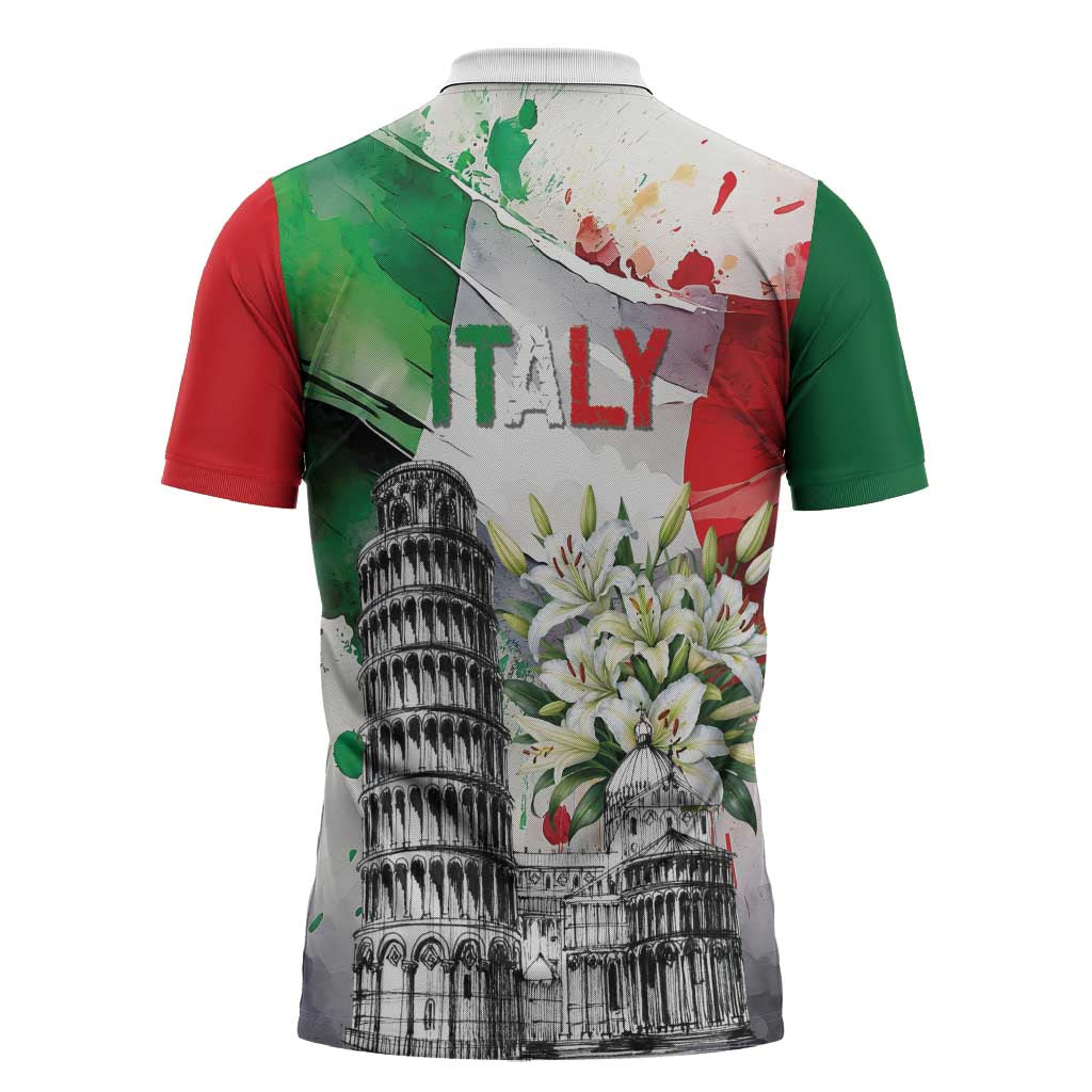 Italy Pisa Tower Zipper Polo Shirt White Lily With Flag Style - Wonder Print Shop
