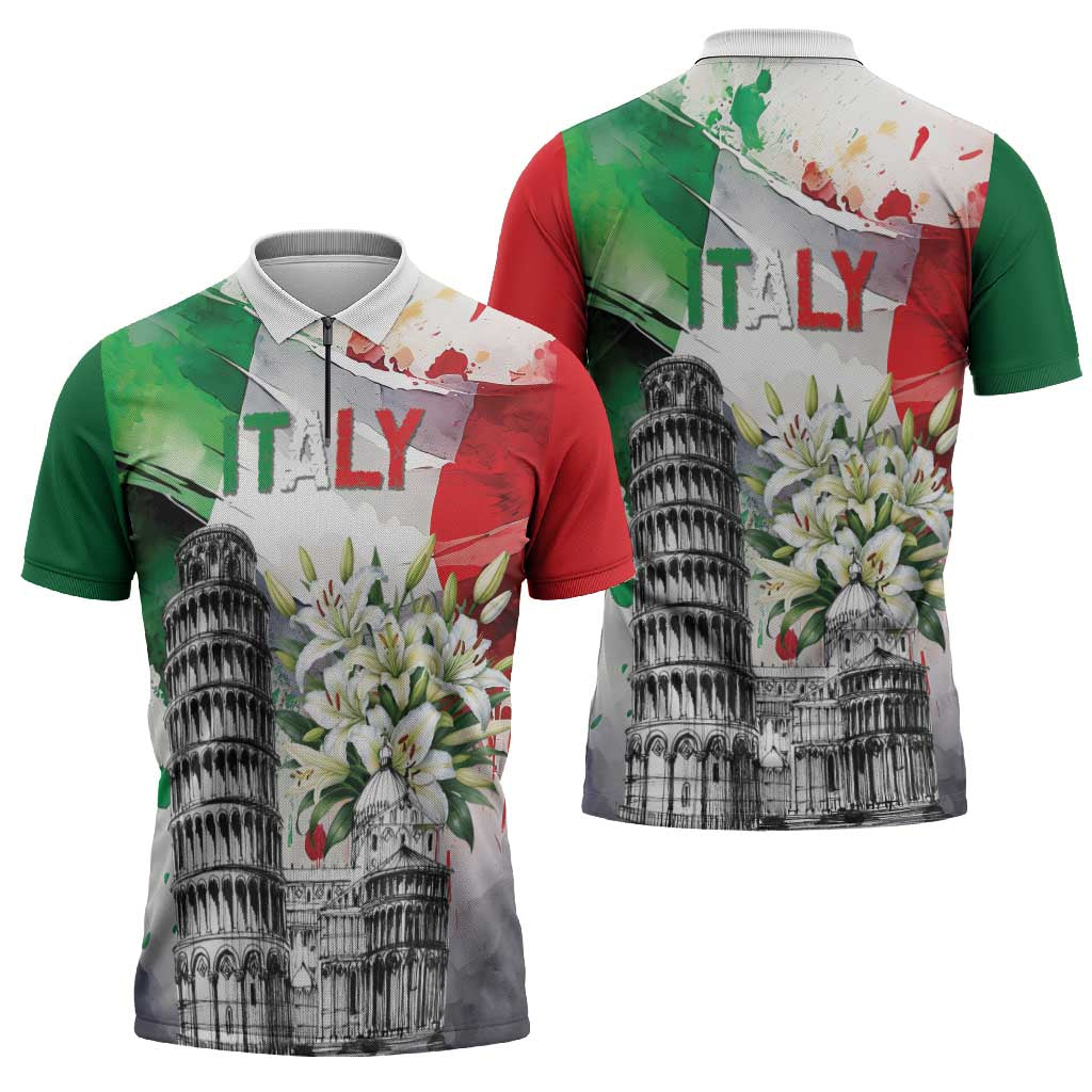 Italy Pisa Tower Zipper Polo Shirt White Lily With Flag Style - Wonder Print Shop