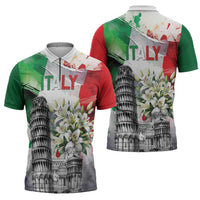 Italy Pisa Tower Zipper Polo Shirt White Lily With Flag Style - Wonder Print Shop