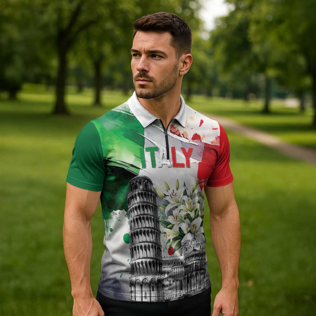 Italy Pisa Tower Zipper Polo Shirt White Lily With Flag Style - Wonder Print Shop