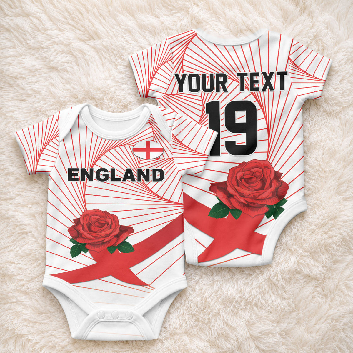 England Rugby Custom Baby Onesie English Red Rose Champions - White