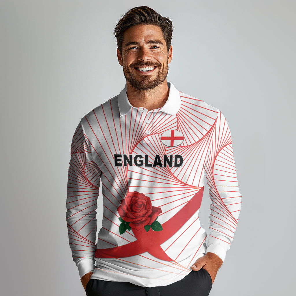 England Rugby Custom Long Sleeve Polo Shirt English Red Rose Champions - White