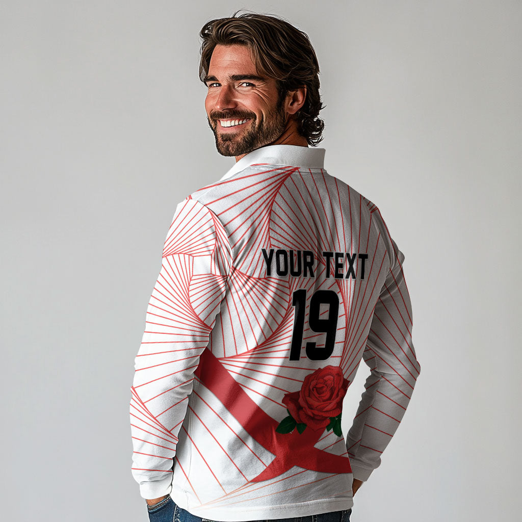 England Rugby Custom Long Sleeve Polo Shirt English Red Rose Champions - White