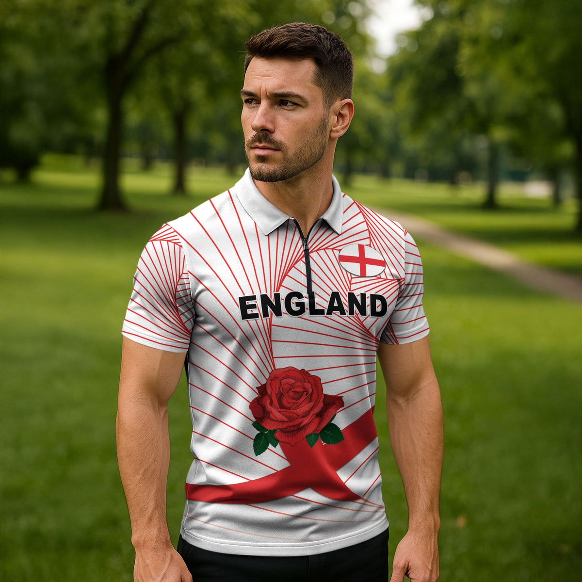 England Rugby Custom Zipper Polo Shirt English Red Rose Champions - White