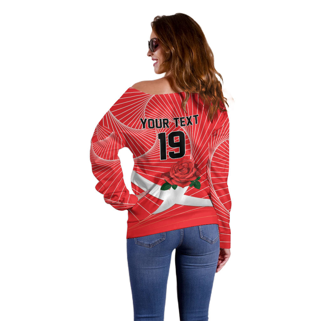 England Rugby Custom Off Shoulder Sweater English Red Rose Champions - Red