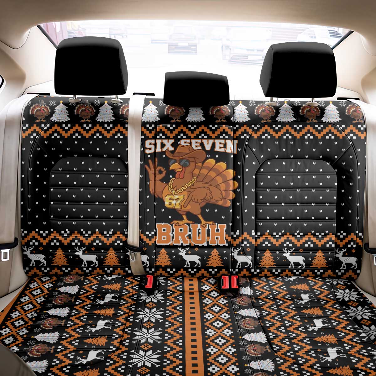 Thanksgiving Turkey Six Seven Bruh Back Car Seat Cover Meme Gen Alpha Slang - Wonder Print Shop