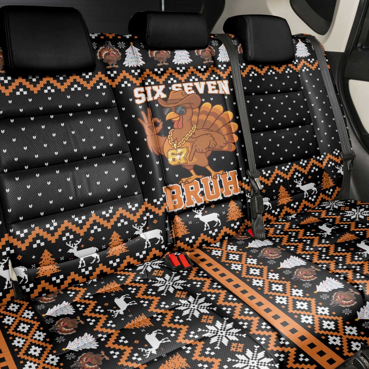Thanksgiving Turkey Six Seven Bruh Back Car Seat Cover Meme Gen Alpha Slang - Wonder Print Shop