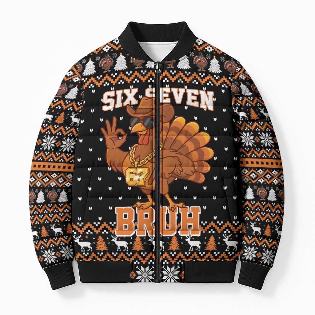 Thanksgiving Turkey Six Seven Bruh Bomber Puffer Jacket Meme Gen Alpha Slang - Wonder Print Shop