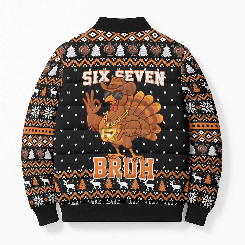 Thanksgiving Turkey Six Seven Bruh Bomber Puffer Jacket Meme Gen Alpha Slang - Wonder Print Shop