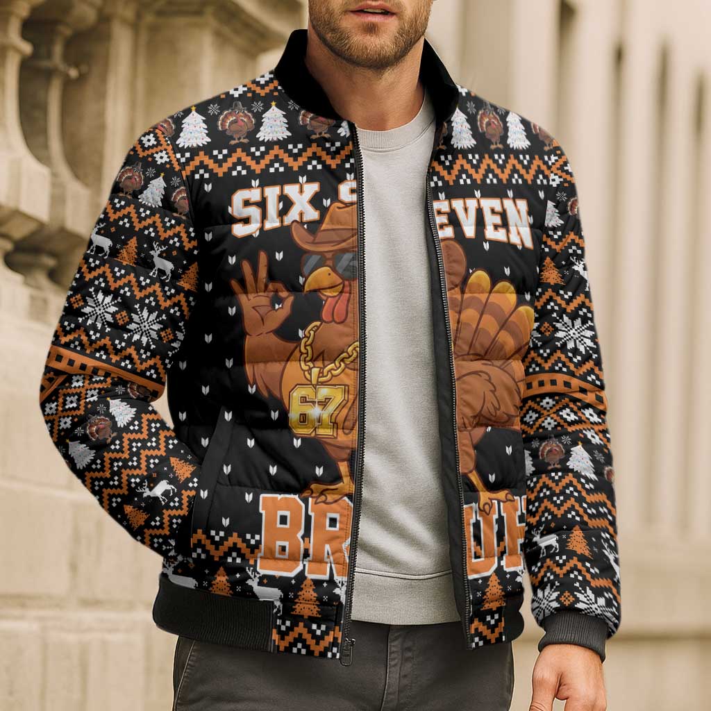 Thanksgiving Turkey Six Seven Bruh Bomber Puffer Jacket Meme Gen Alpha Slang - Wonder Print Shop