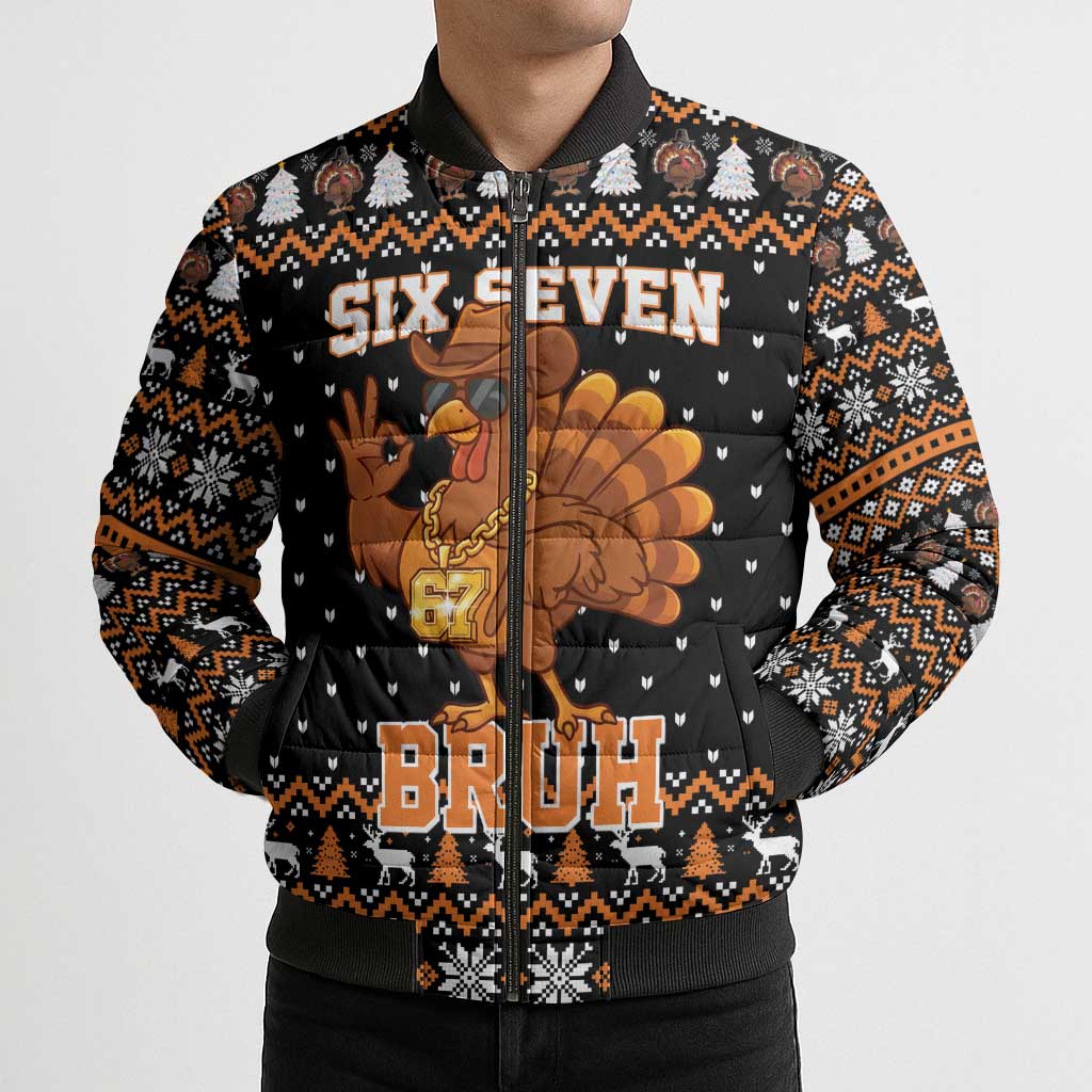 Thanksgiving Turkey Six Seven Bruh Bomber Puffer Jacket Meme Gen Alpha Slang - Wonder Print Shop