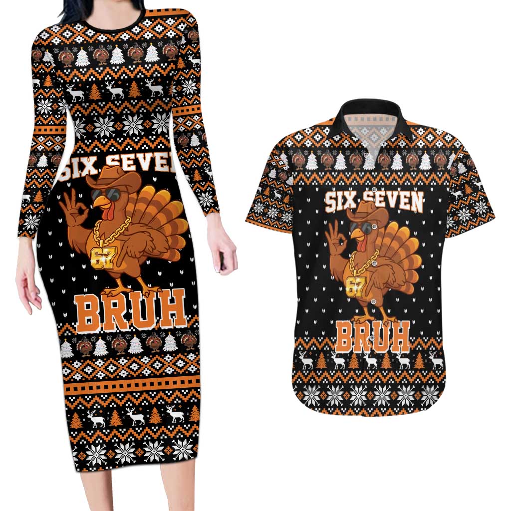 Thanksgiving Turkey Six Seven Bruh Couples Matching Long Sleeve Bodycon Dress and Hawaiian Shirt Meme Gen Alpha Slang - Wonder Print Shop