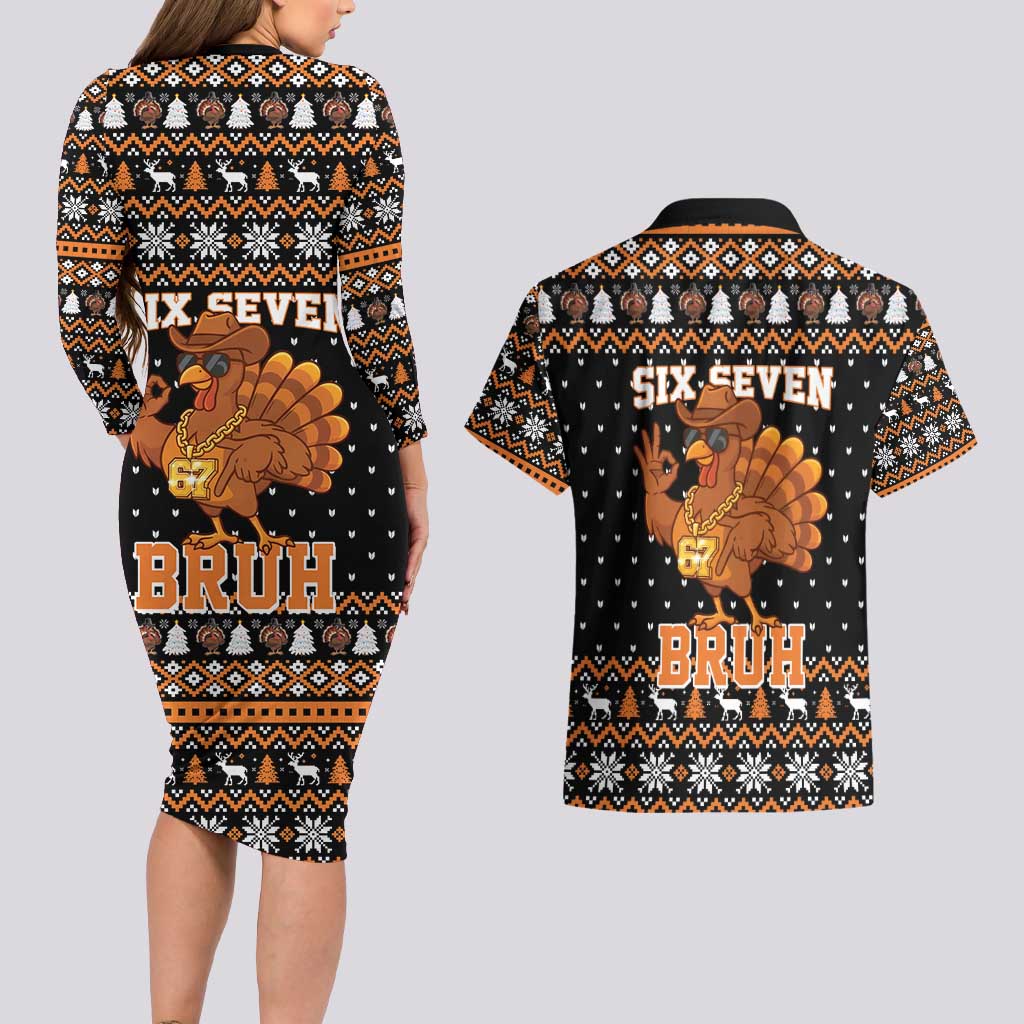 Thanksgiving Turkey Six Seven Bruh Couples Matching Long Sleeve Bodycon Dress and Hawaiian Shirt Meme Gen Alpha Slang - Wonder Print Shop