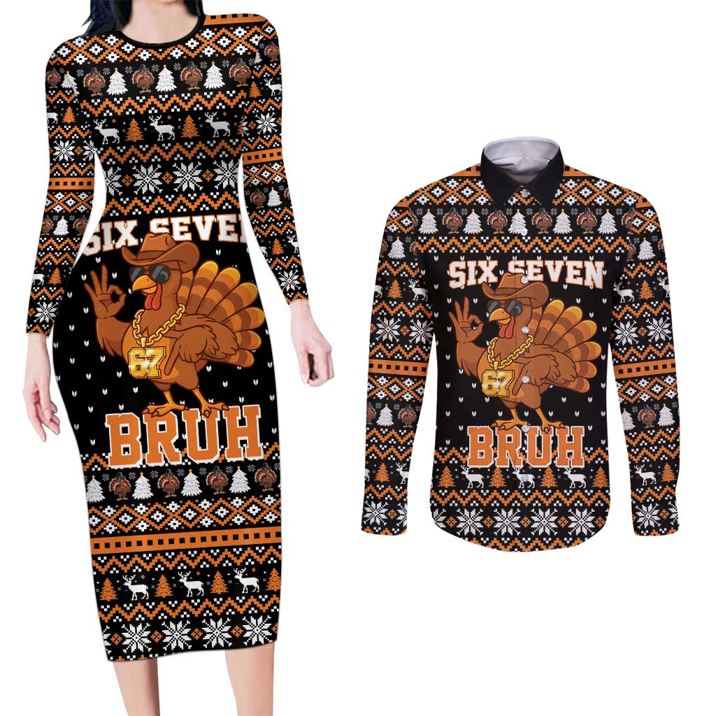 Thanksgiving Turkey Six Seven Bruh Couples Matching Long Sleeve Bodycon Dress and Long Sleeve Button Shirt Meme Gen Alpha Slang - Wonder Print Shop