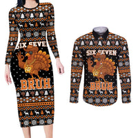 Thanksgiving Turkey Six Seven Bruh Couples Matching Long Sleeve Bodycon Dress and Long Sleeve Button Shirt Meme Gen Alpha Slang - Wonder Print Shop
