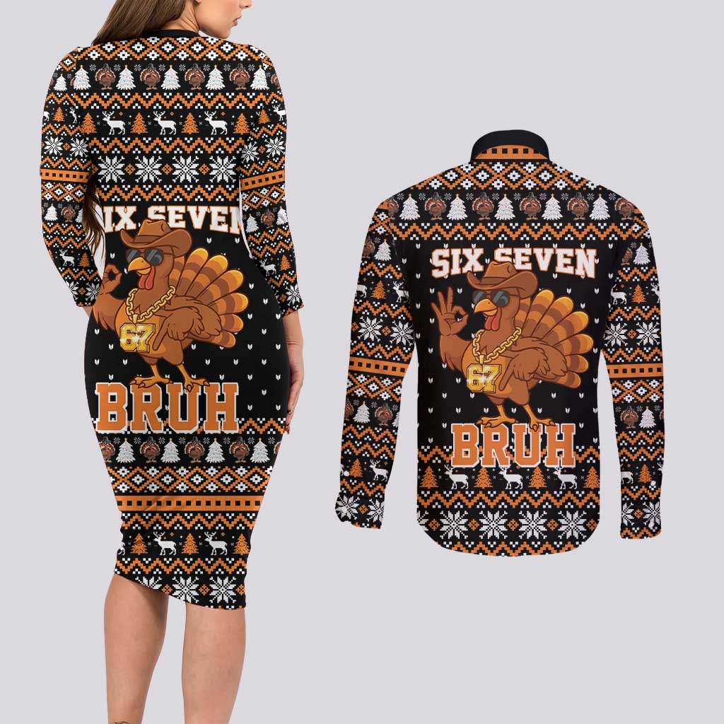 Thanksgiving Turkey Six Seven Bruh Couples Matching Long Sleeve Bodycon Dress and Long Sleeve Button Shirt Meme Gen Alpha Slang - Wonder Print Shop