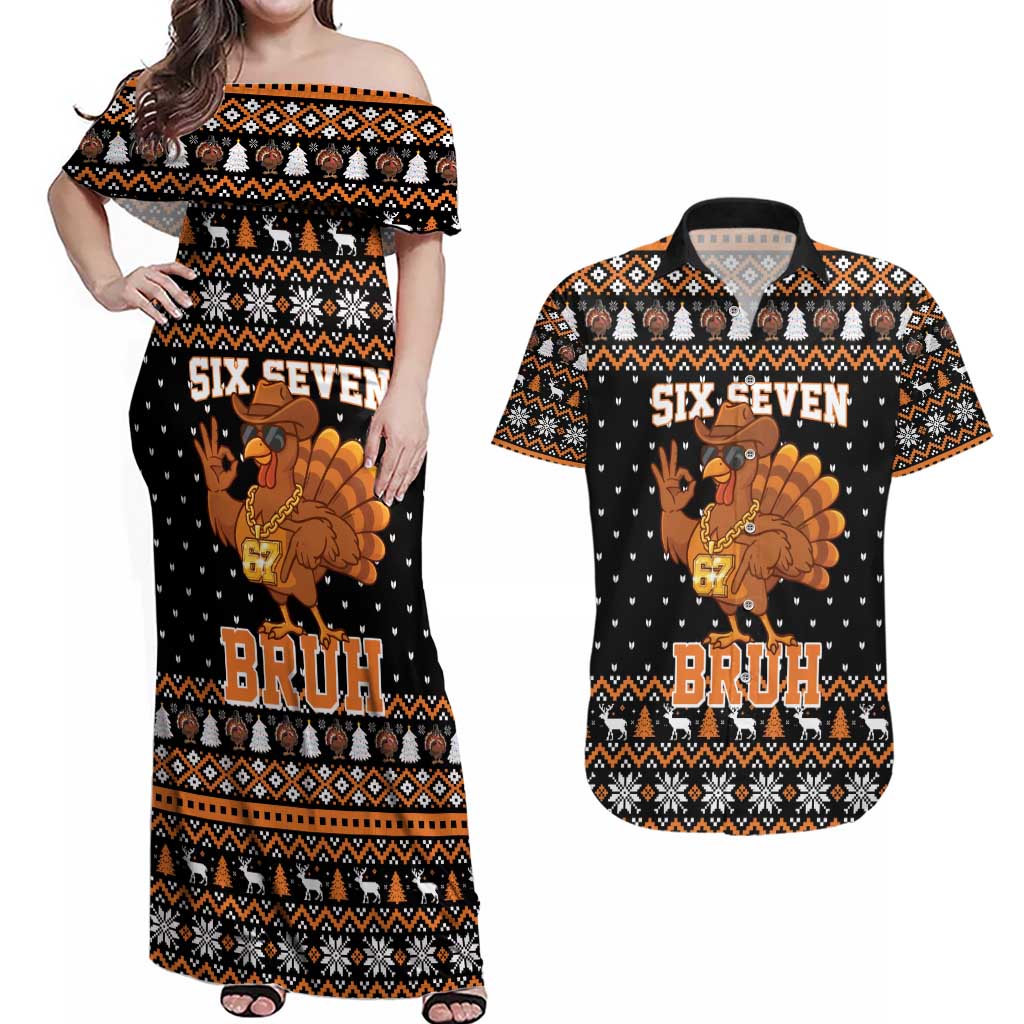 Thanksgiving Turkey Six Seven Bruh Couples Matching Off Shoulder Maxi Dress and Hawaiian Shirt Meme Gen Alpha Slang - Wonder Print Shop