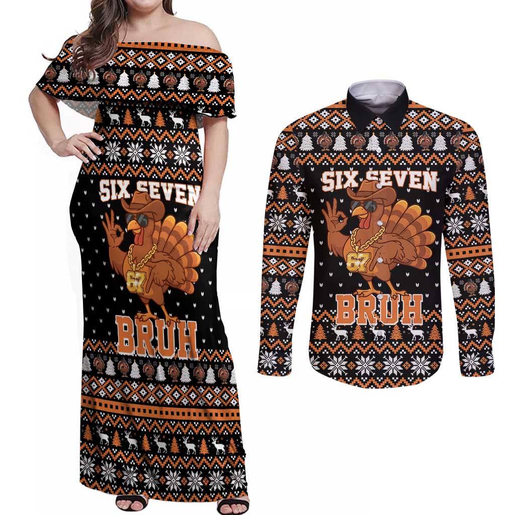 Thanksgiving Turkey Six Seven Bruh Couples Matching Off Shoulder Maxi Dress and Long Sleeve Button Shirt Meme Gen Alpha Slang - Wonder Print Shop