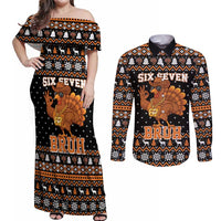 Thanksgiving Turkey Six Seven Bruh Couples Matching Off Shoulder Maxi Dress and Long Sleeve Button Shirt Meme Gen Alpha Slang - Wonder Print Shop
