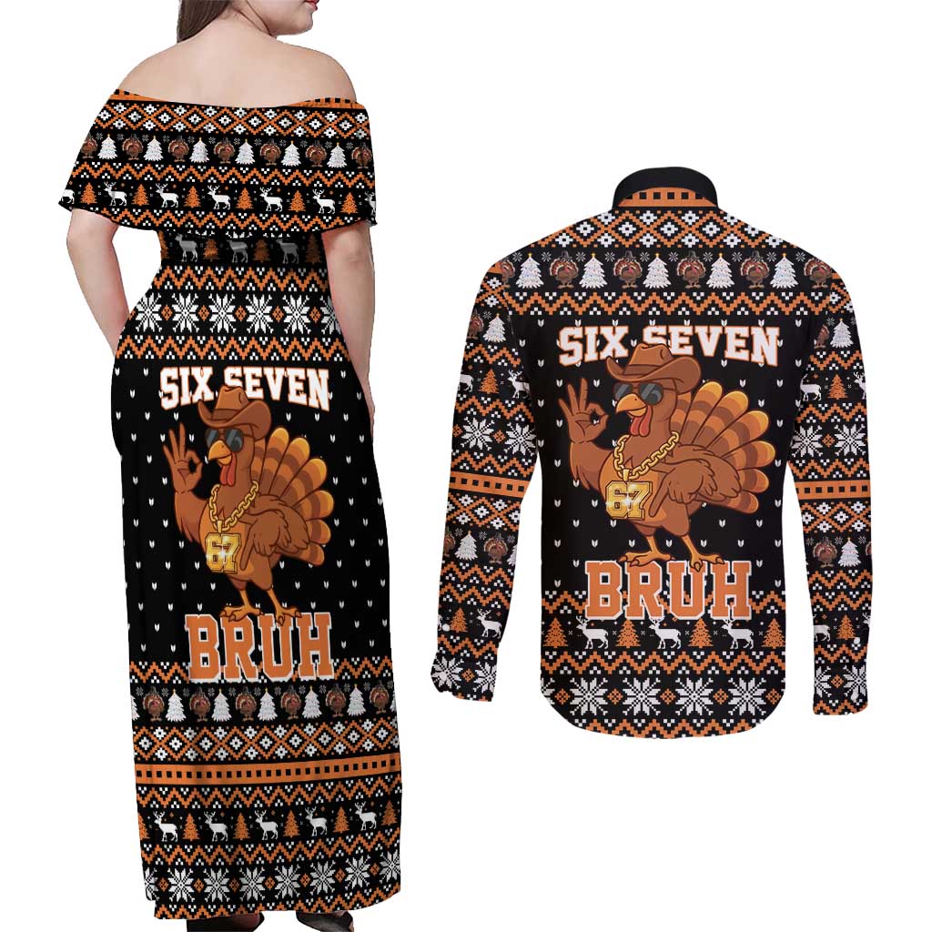 Thanksgiving Turkey Six Seven Bruh Couples Matching Off Shoulder Maxi Dress and Long Sleeve Button Shirt Meme Gen Alpha Slang - Wonder Print Shop