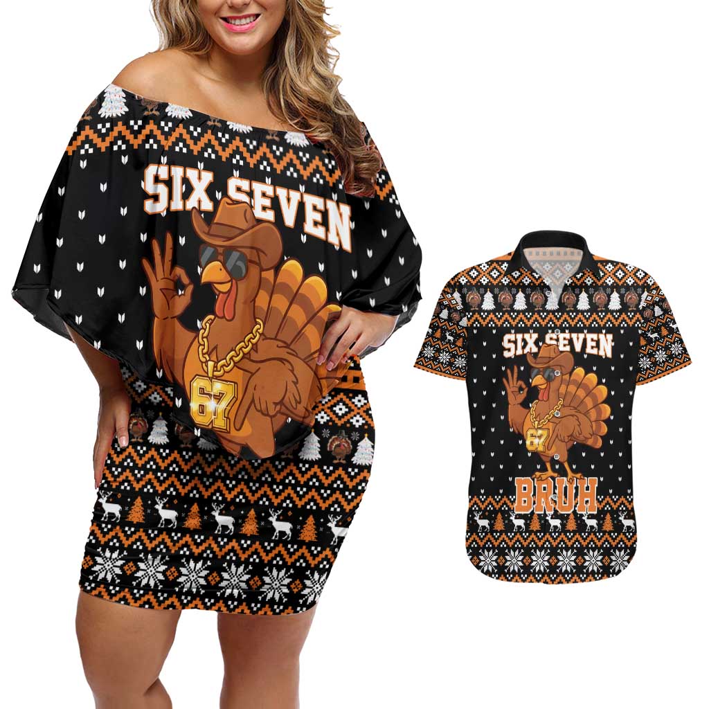 Thanksgiving Turkey Six Seven Bruh Couples Matching Off Shoulder Short Dress and Hawaiian Shirt Meme Gen Alpha Slang - Wonder Print Shop