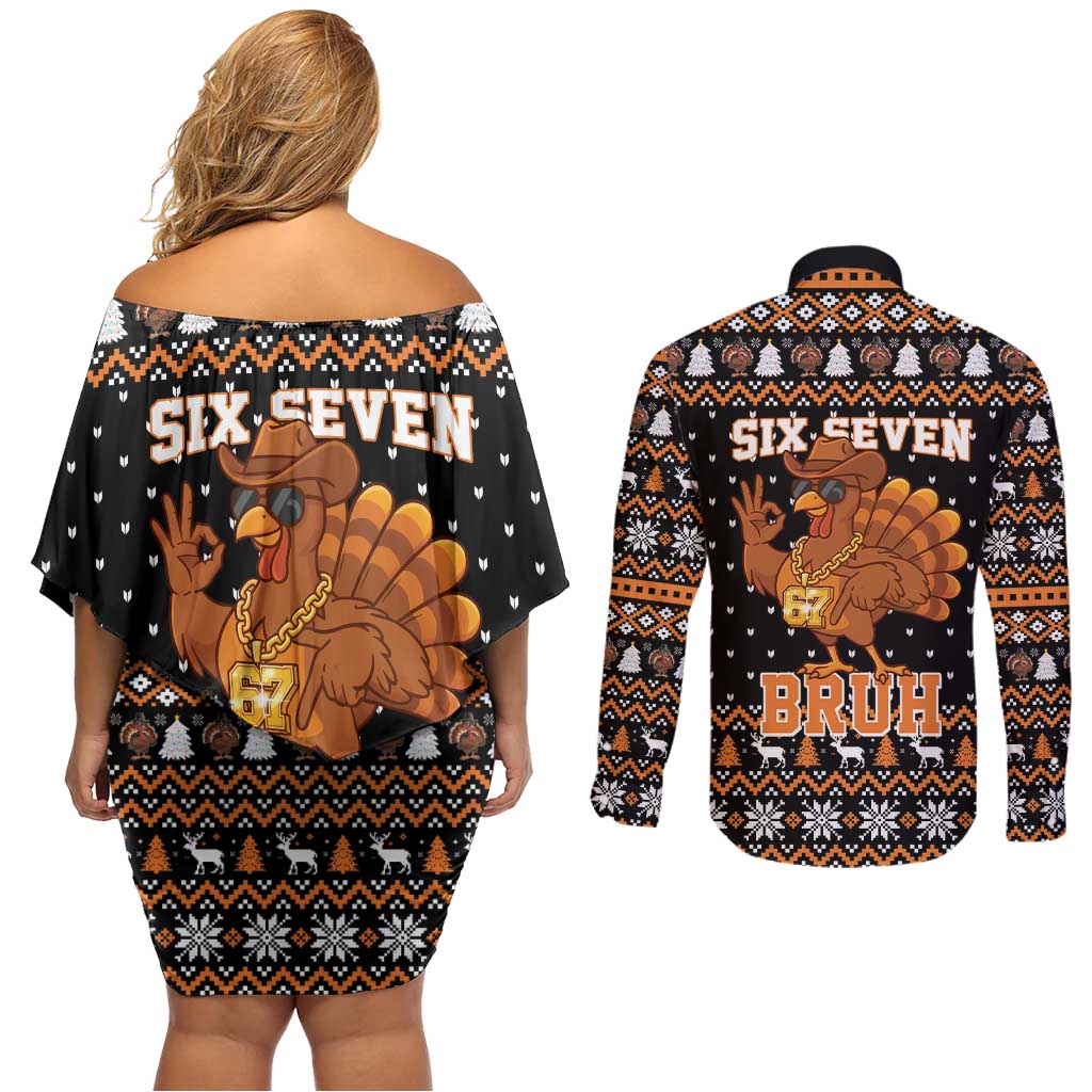 Thanksgiving Turkey Six Seven Bruh Couples Matching Off Shoulder Short Dress and Long Sleeve Button Shirt Meme Gen Alpha Slang - Wonder Print Shop
