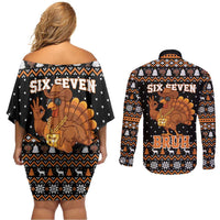 Thanksgiving Turkey Six Seven Bruh Couples Matching Off Shoulder Short Dress and Long Sleeve Button Shirt Meme Gen Alpha Slang - Wonder Print Shop
