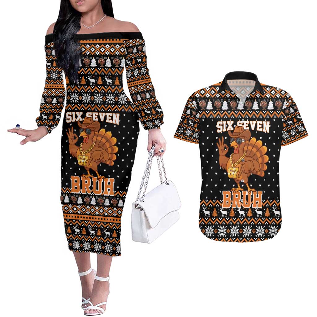 Thanksgiving Turkey Six Seven Bruh Couples Matching Off The Shoulder Long Sleeve Dress and Hawaiian Shirt Meme Gen Alpha Slang - Wonder Print Shop
