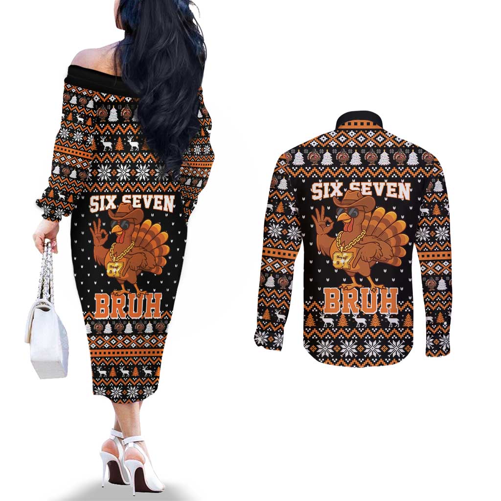 Thanksgiving Turkey Six Seven Bruh Couples Matching Off The Shoulder Long Sleeve Dress and Long Sleeve Button Shirt Meme Gen Alpha Slang - Wonder Print Shop