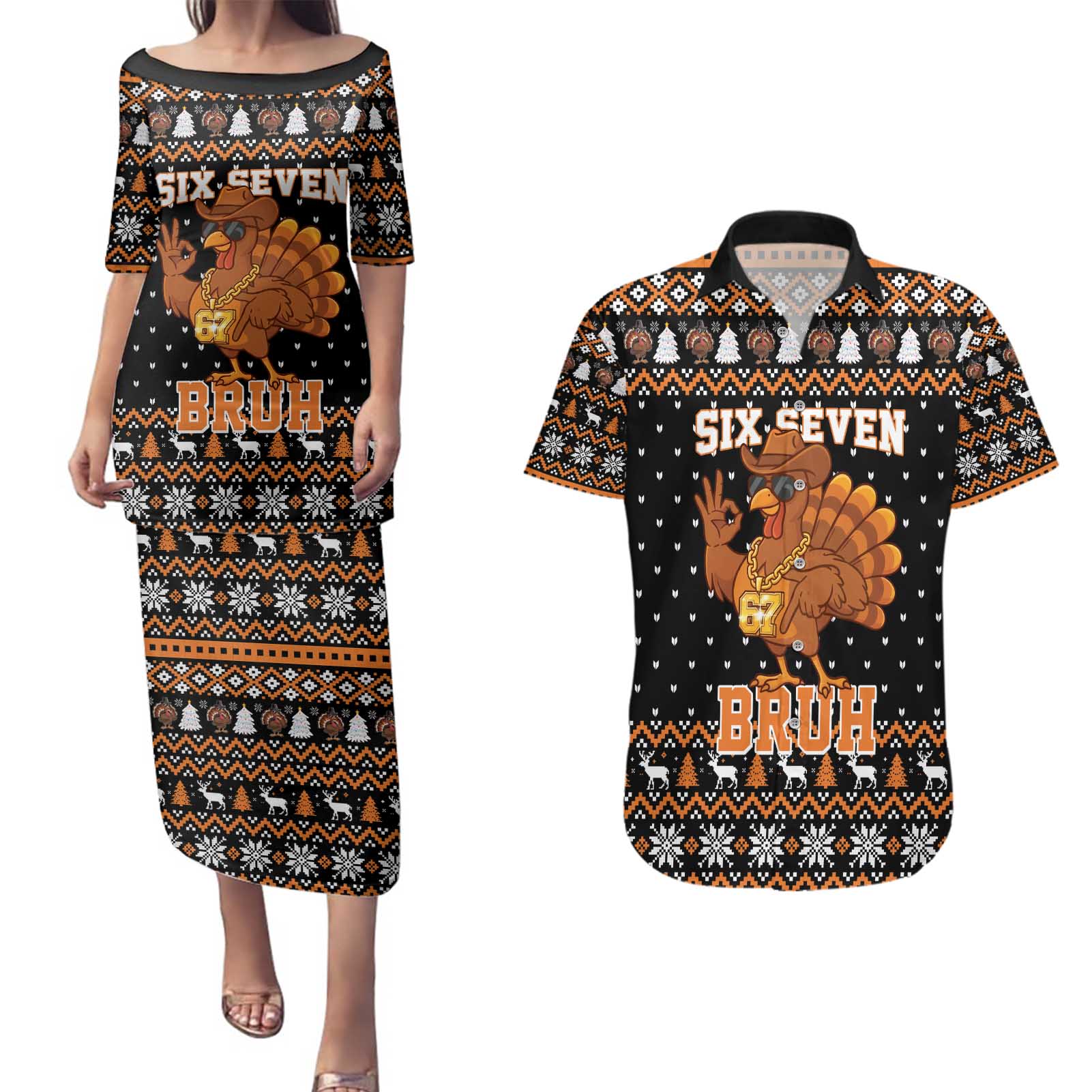Thanksgiving Turkey Six Seven Bruh Couples Matching Puletasi and Hawaiian Shirt Meme Gen Alpha Slang - Wonder Print Shop