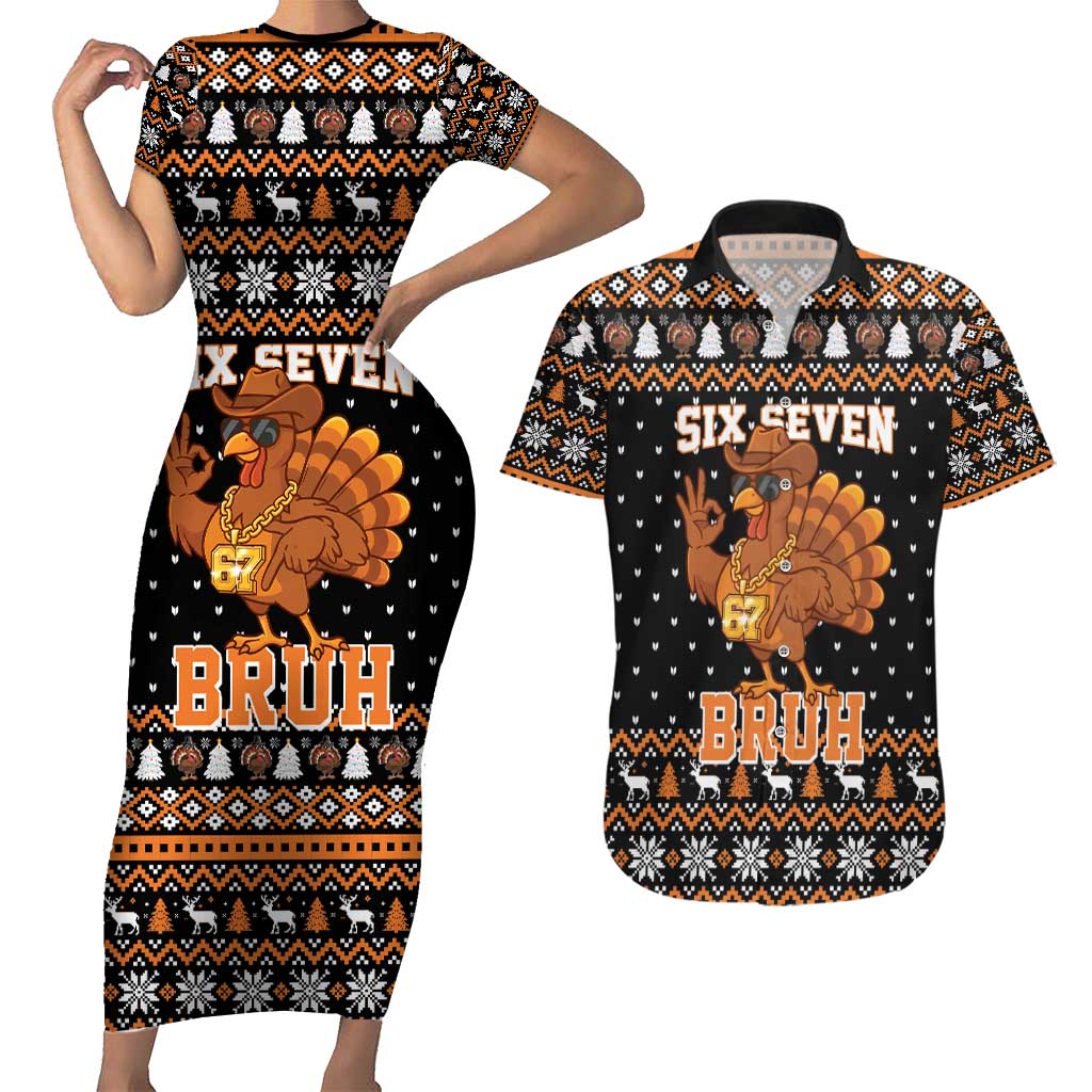 Thanksgiving Turkey Six Seven Bruh Couples Matching Short Sleeve Bodycon Dress and Hawaiian Shirt Meme Gen Alpha Slang - Wonder Print Shop