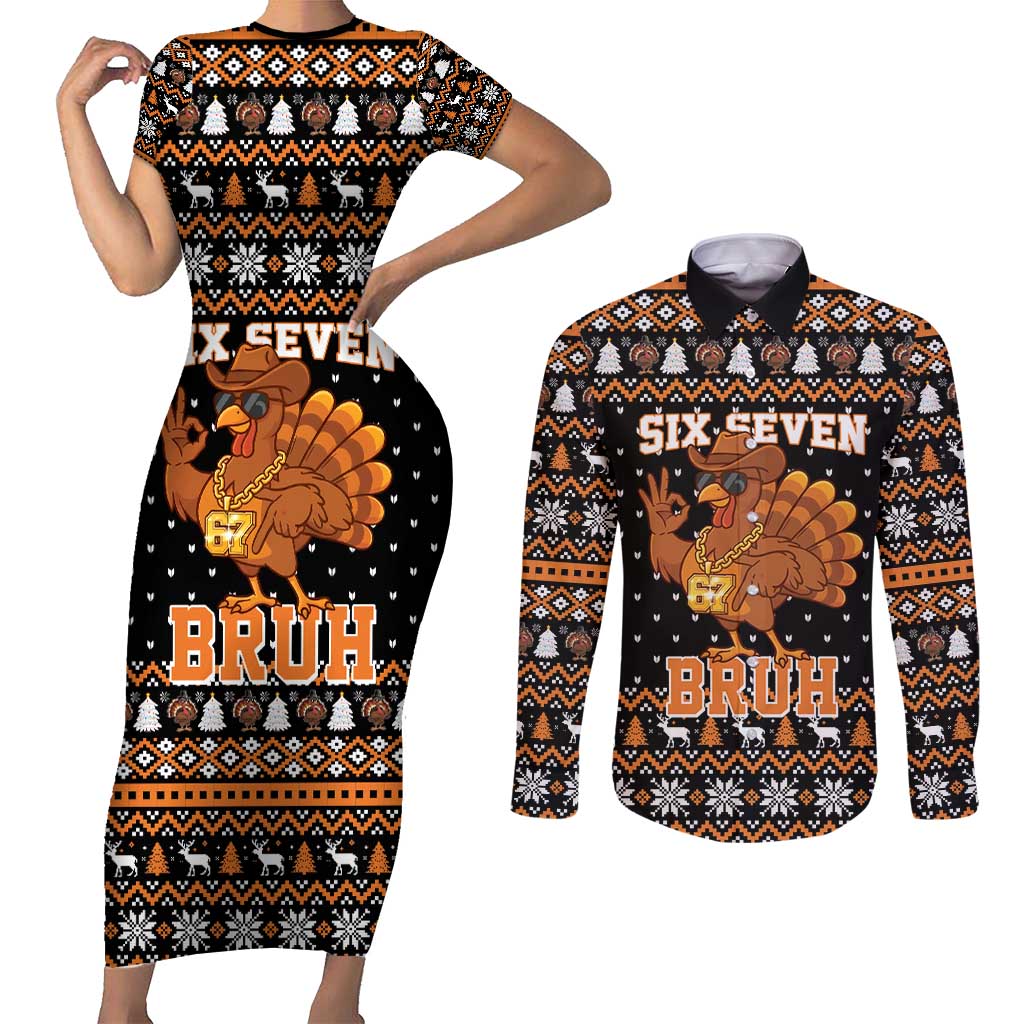 Thanksgiving Turkey Six Seven Bruh Couples Matching Short Sleeve Bodycon Dress and Long Sleeve Button Shirt Meme Gen Alpha Slang - Wonder Print Shop