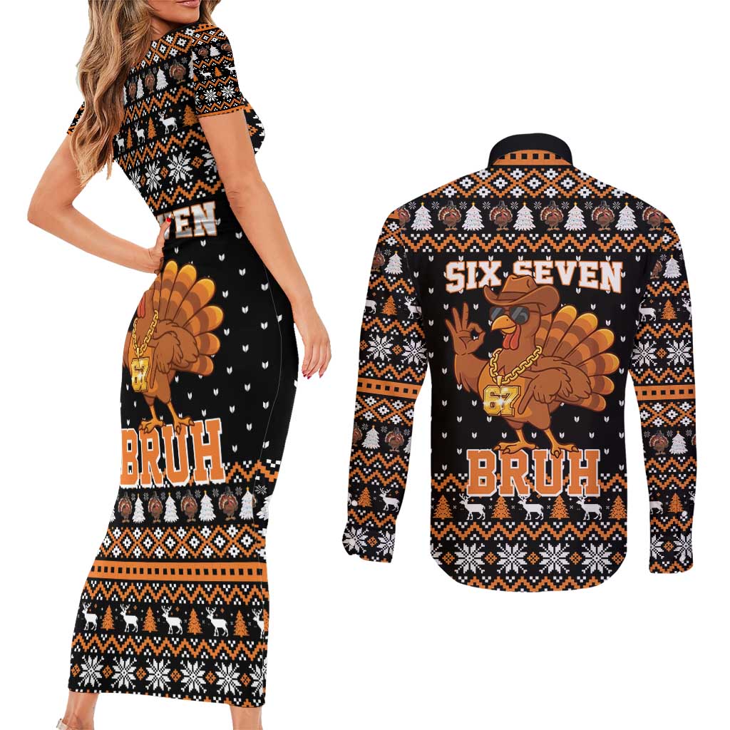 Thanksgiving Turkey Six Seven Bruh Couples Matching Short Sleeve Bodycon Dress and Long Sleeve Button Shirt Meme Gen Alpha Slang - Wonder Print Shop