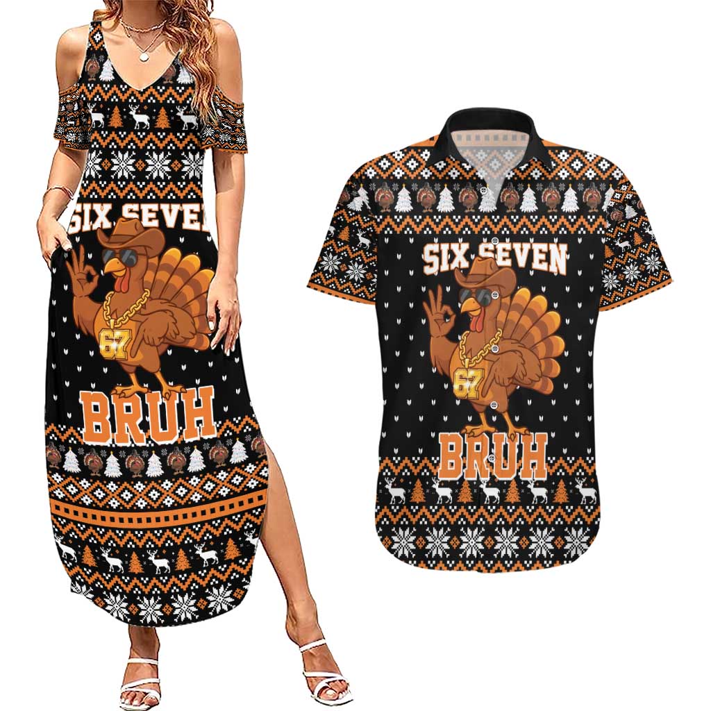 Thanksgiving Turkey Six Seven Bruh Couples Matching Summer Maxi Dress and Hawaiian Shirt Meme Gen Alpha Slang - Wonder Print Shop