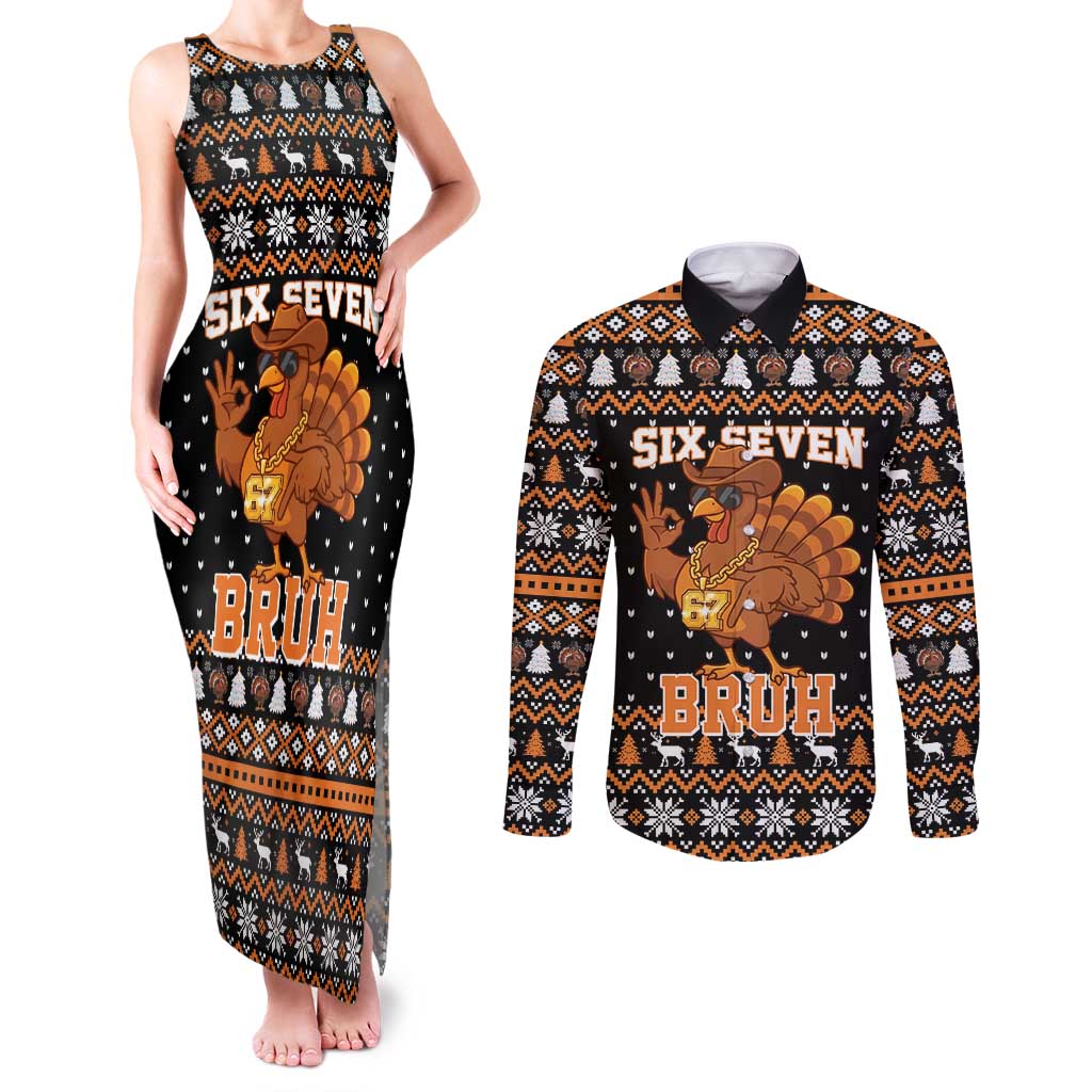 Thanksgiving Turkey Six Seven Bruh Couples Matching Tank Maxi Dress and Long Sleeve Button Shirt Meme Gen Alpha Slang - Wonder Print Shop