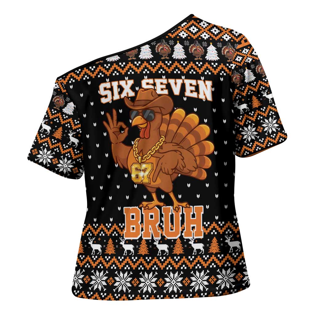 Thanksgiving Turkey Six Seven Bruh Cross Shoulder Shirt Meme Gen Alpha Slang - Wonder Print Shop