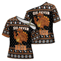 Thanksgiving Turkey Six Seven Bruh Cross Shoulder Shirt Meme Gen Alpha Slang - Wonder Print Shop