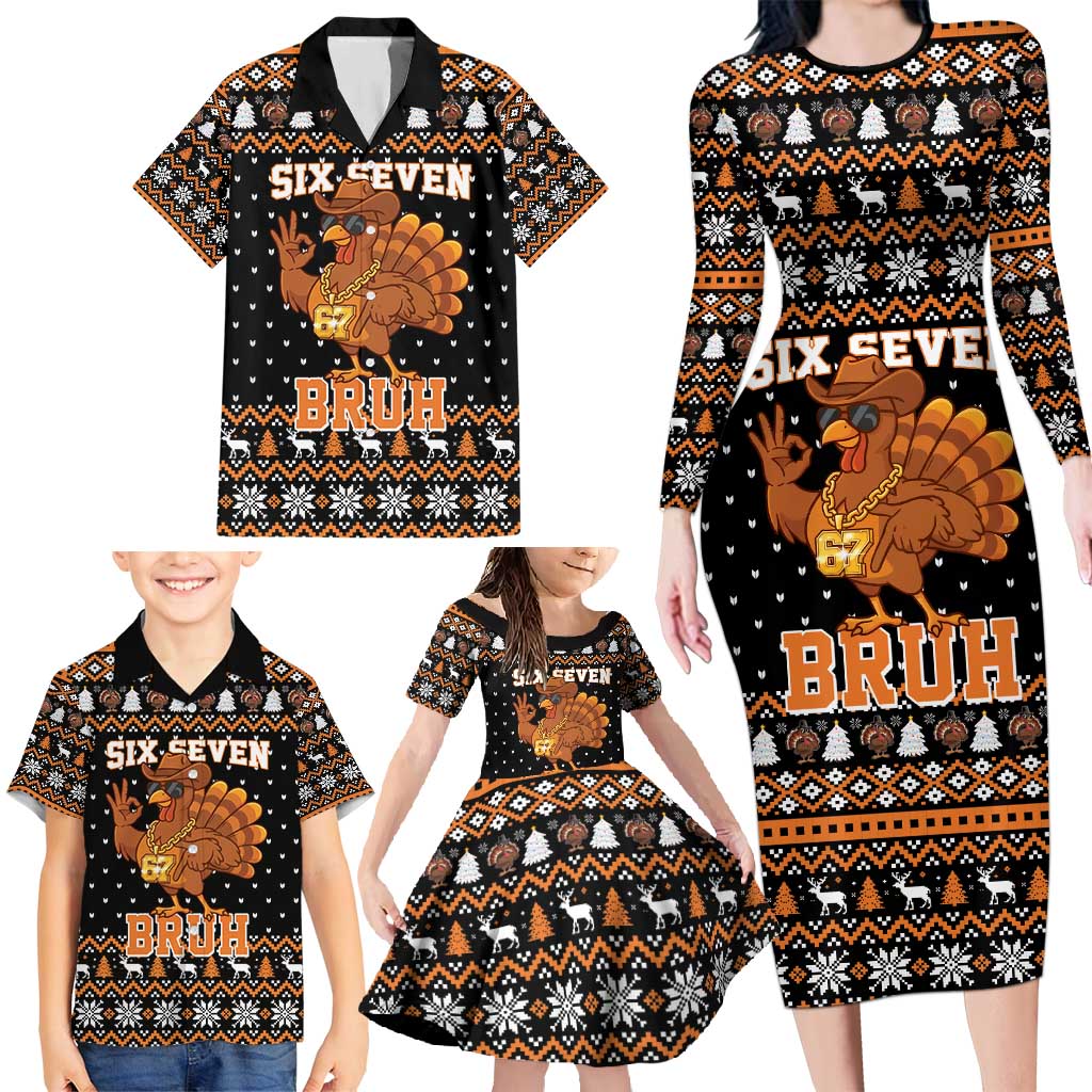 Thanksgiving Turkey Six Seven Bruh Family Matching Long Sleeve Bodycon Dress and Hawaiian Shirt Meme Gen Alpha Slang - Wonder Print Shop