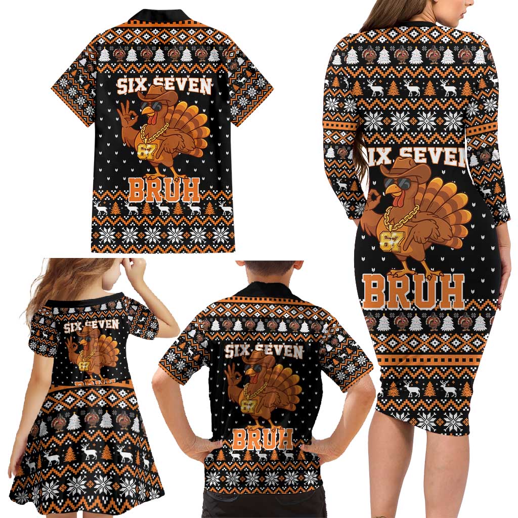 Thanksgiving Turkey Six Seven Bruh Family Matching Long Sleeve Bodycon Dress and Hawaiian Shirt Meme Gen Alpha Slang - Wonder Print Shop