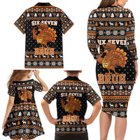 Thanksgiving Turkey Six Seven Bruh Family Matching Long Sleeve Bodycon Dress and Hawaiian Shirt Meme Gen Alpha Slang - Wonder Print Shop