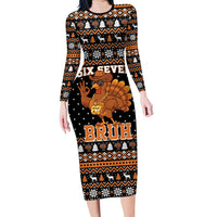 Thanksgiving Turkey Six Seven Bruh Family Matching Long Sleeve Bodycon Dress and Hawaiian Shirt Meme Gen Alpha Slang - Wonder Print Shop