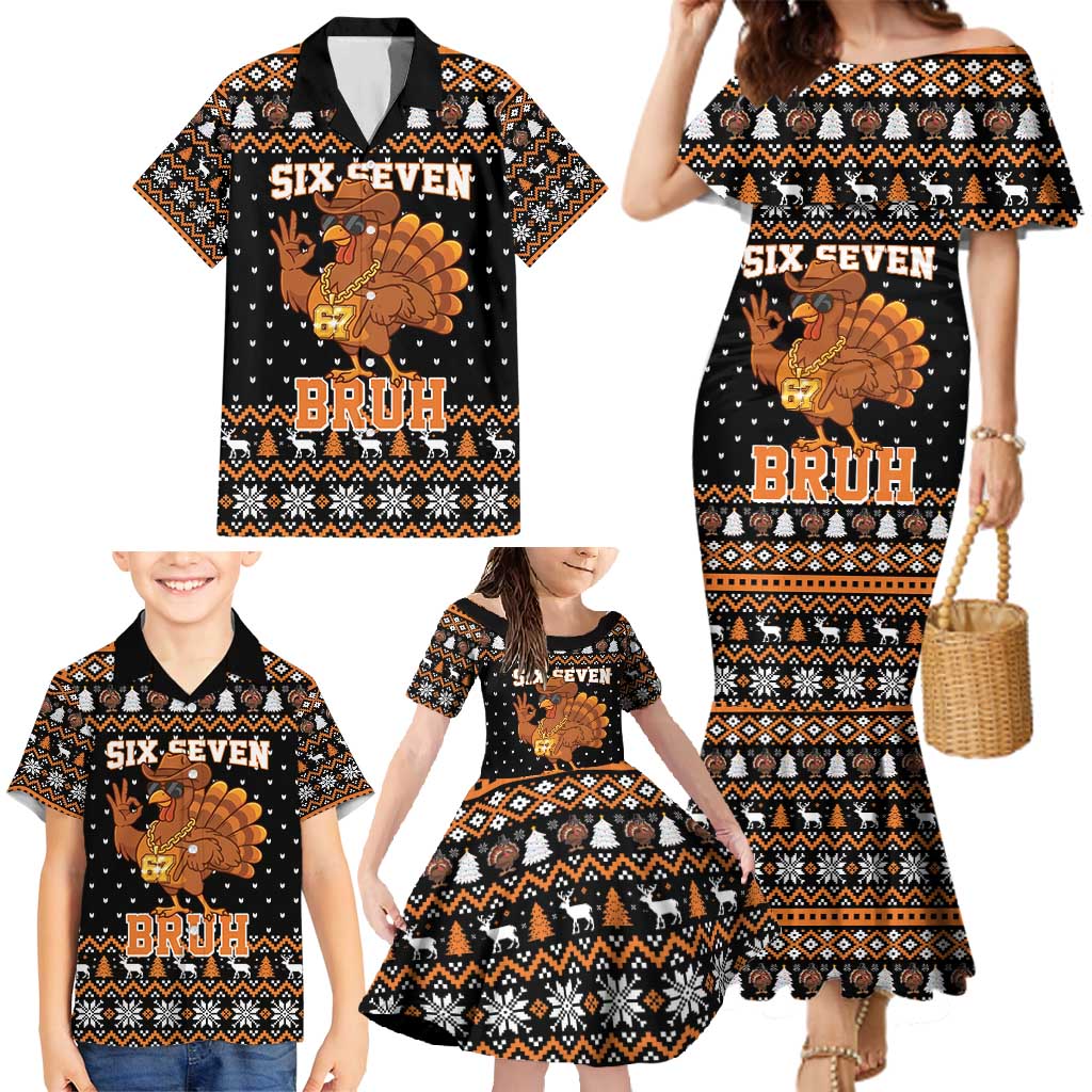 Thanksgiving Turkey Six Seven Bruh Family Matching Mermaid Dress and Hawaiian Shirt Meme Gen Alpha Slang - Wonder Print Shop