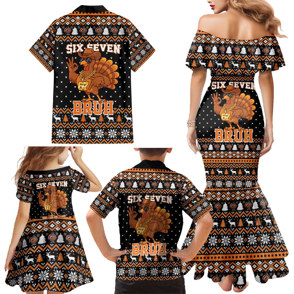 Thanksgiving Turkey Six Seven Bruh Family Matching Mermaid Dress and Hawaiian Shirt Meme Gen Alpha Slang - Wonder Print Shop